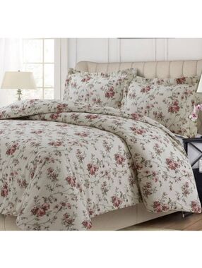 Tribeca Living NWT Queen 3-pc Cotton Flannel Duvet Cover Set In Dollhouse Floral